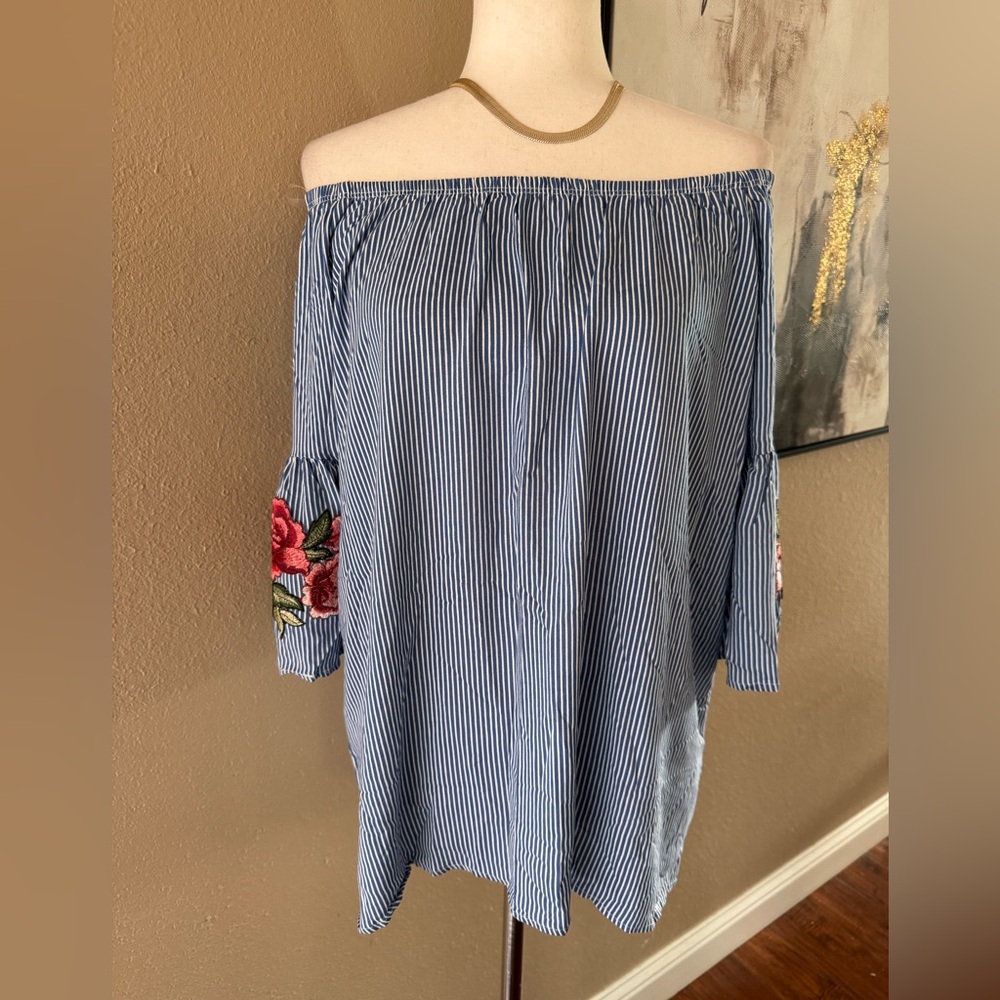 Annabelle Blue Striped Off-Shoulder Blouse with Floral Embroidery - Picture 2 of 7